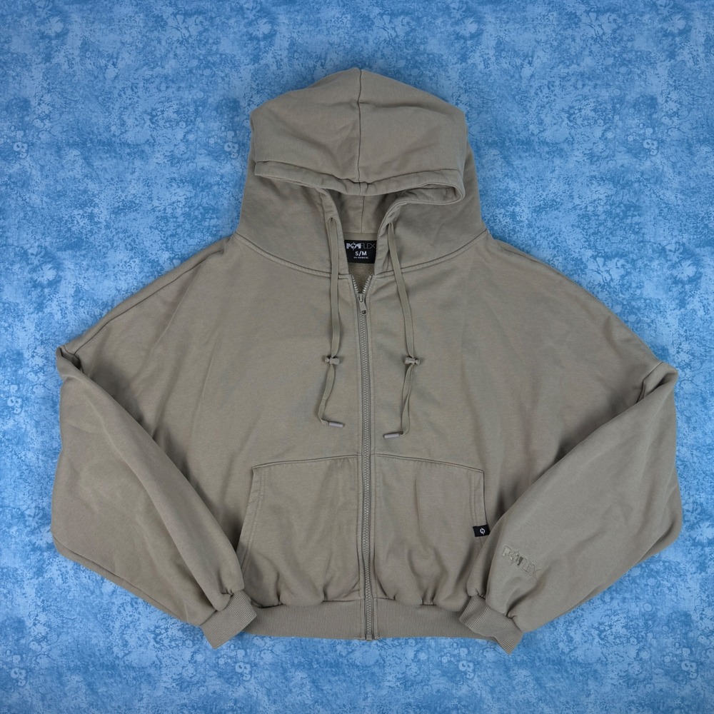 Popflex Hoodie Women's S/M Tan Taupe Full Zip Oversized Cropped Long Sleeve